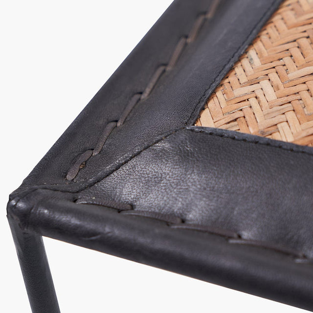 Giotto Black Leather and Woven Rattan Stool