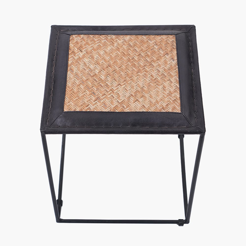 Ruma Black Leather and Woven Rattan Stool | Furniture | Rūma