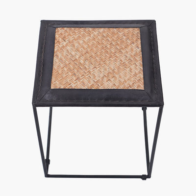 Ruma Black Leather and Woven Rattan Stool | Furniture | Rūma