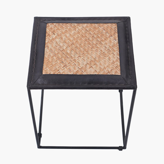 Ruma Black Leather and Woven Rattan Stool | Furniture | Rūma